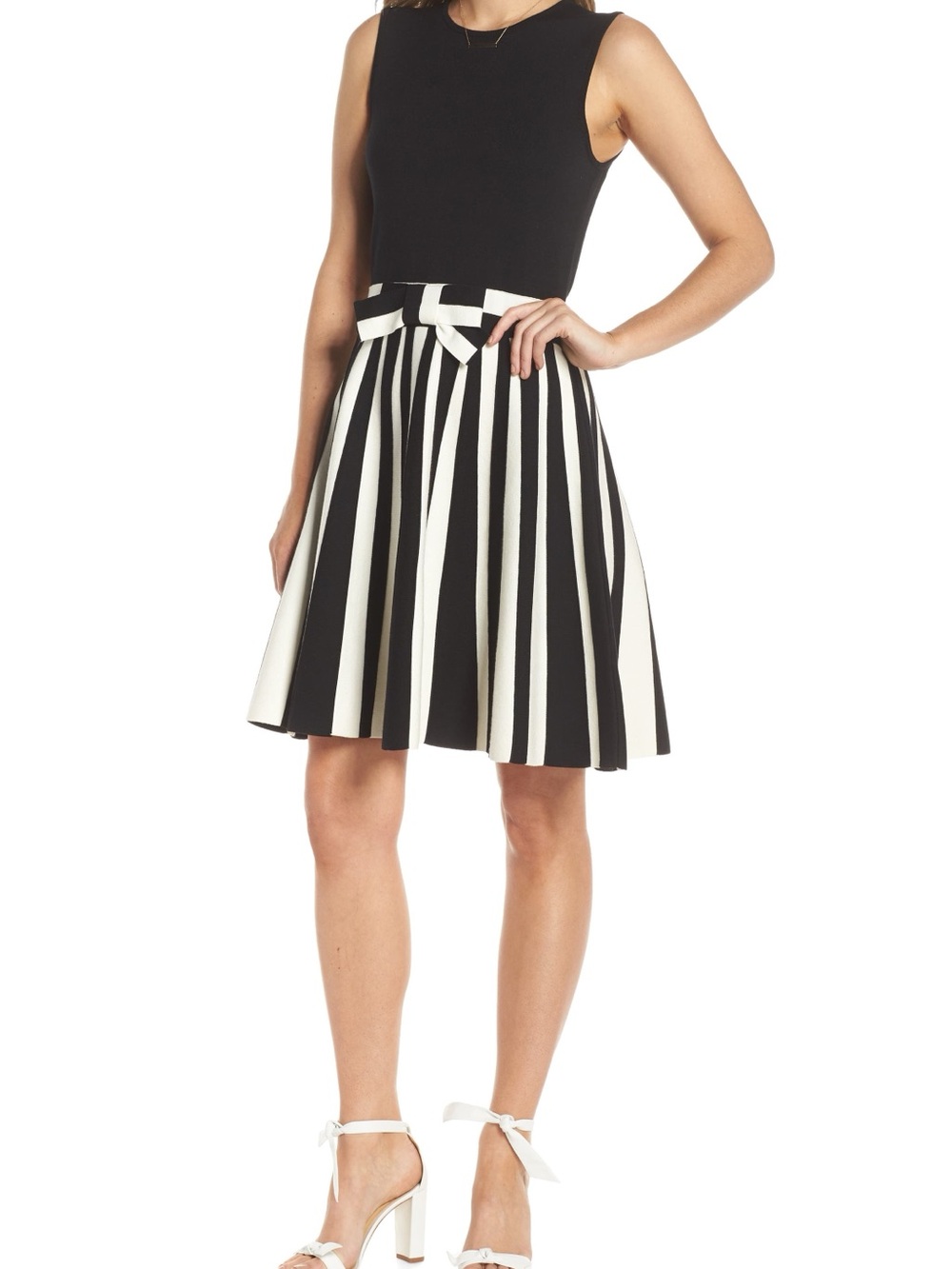 1901 Black and White Striped Bow Front Sweater Dress
